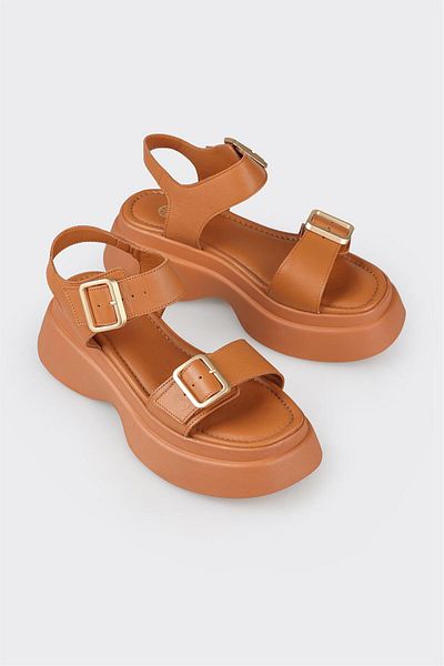 Elle Shoes Tan Leather Women's Wedge Heel Sandals