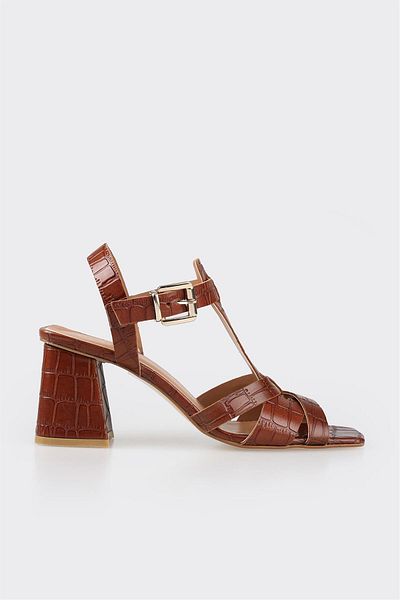 Elle Shoes Hnědé kožené dámské sandály na podpatku