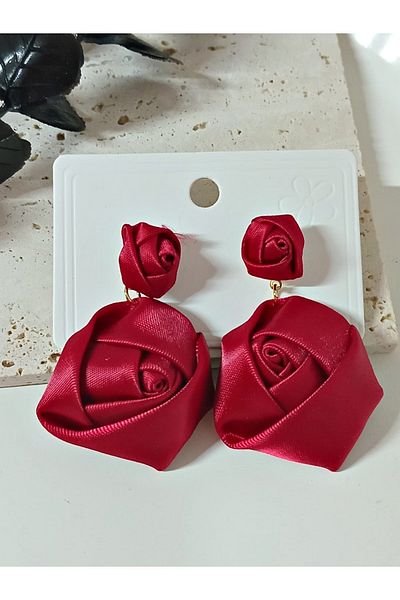 mos&more 1 Pair Stylish Gold-Tone Heart & Red Rose Dangle Earrings