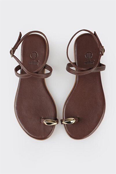 Elle Shoes Brown Leather Women's Flat Sandals