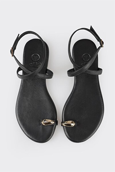 Elle Shoes Black Leather Women's Flat Flip Flops Sandals