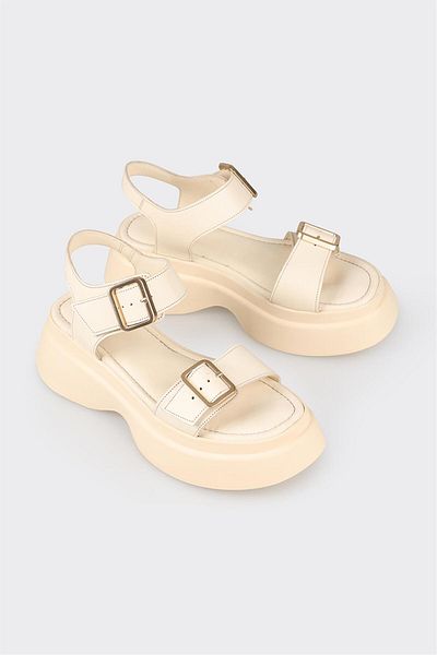 Elle Shoes Beige Leather Women's Wedge Heel Sandals