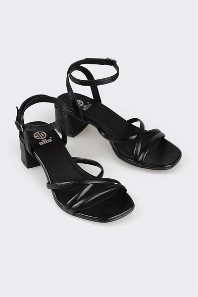 Elle Shoes Black Leather Women's Heeled Sandals