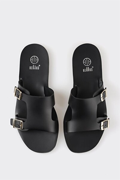 Elle Shoes Μαύρες δερμάτινες γυναικείες φλατ παντόφλες