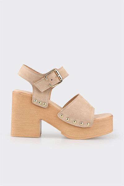 Elle Shoes Μπεζ δερμάτινα γυναικεία πέδιλα με τακούνι