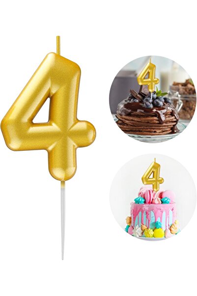 Dekals 4 Year Old Gold Gold Yellow Colored Birthday Cake Candle - Gold Gold Y...