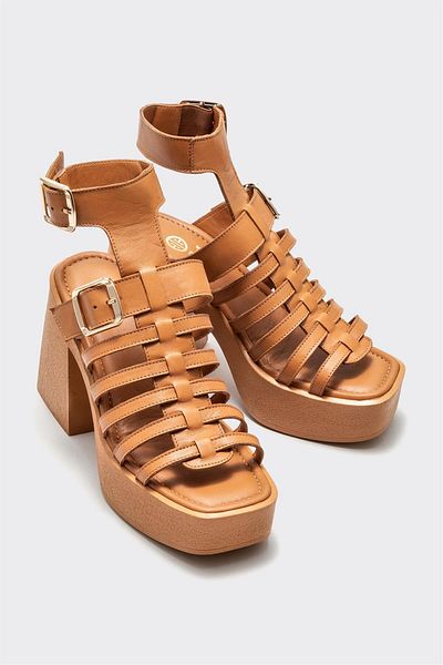 Elle Shoes Tan Leather Women's Heeled Sandals
