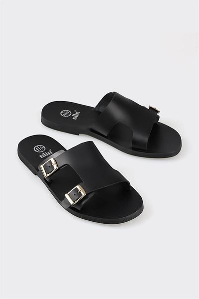 Elle Shoes Black Leather Women's Flat Slippers
