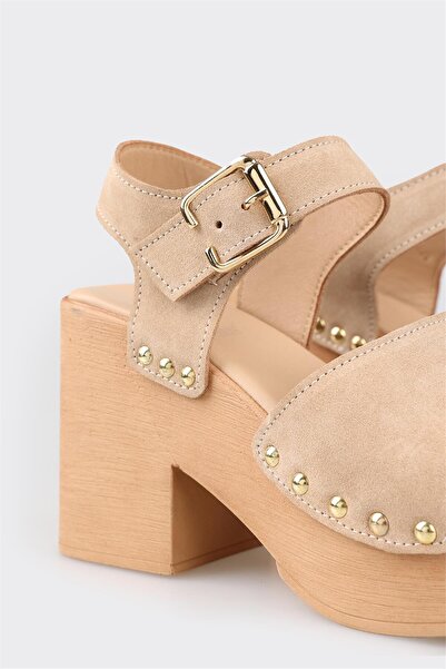 Elle Shoes Beige Leather Women's Heeled Sandals