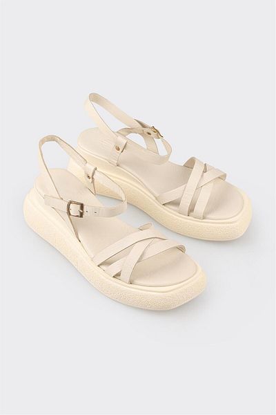 Elle Shoes Beige Leather Women's Wedge Heel Sandals
