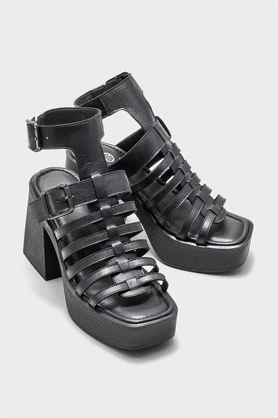 Elle Shoes Black Leather Women's Heeled Sandals
