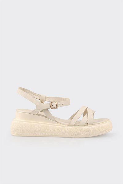Elle Shoes Beige Leather Women's Wedge Heel Sandals