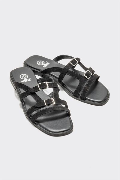 Elle Shoes Black Leather Women's Flat Slippers