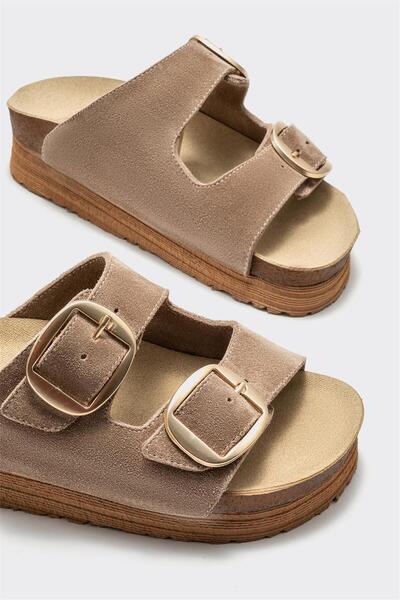 Elle Shoes Bej Deri Kadın Terlik