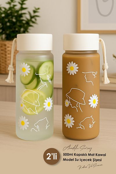 Anadolu Saray 2 Pcs 500ml Matte Kawai Model Water Beverage Bottle with Lid |   Water Bottle Sports Drink Bottle