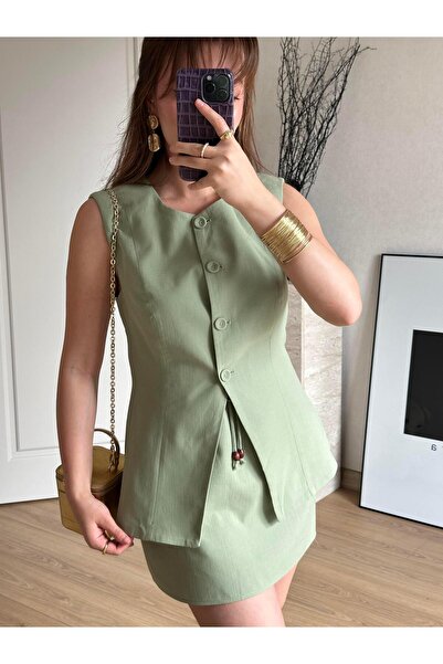 BAŞARAN Button Front Vest and Linen Skirt Set