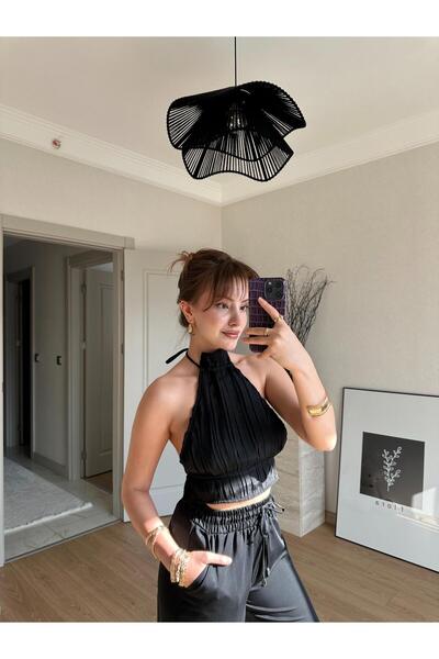 BAŞARAN Halter Neckline Tie Back Pleated Blouse Black
