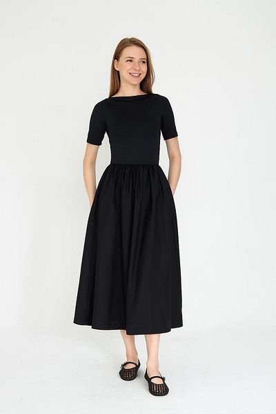 lumuteks Rochie neagră elegantă pentru femei, lungime maxi, elastică, tricotată, cu fustă din poplin, mânecă scurtă