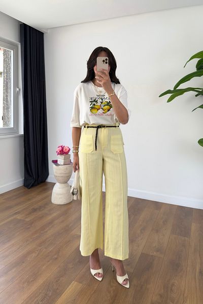 BİRCANÇİL Aleda Yellow Linen Trousers with Front Pocket Detail