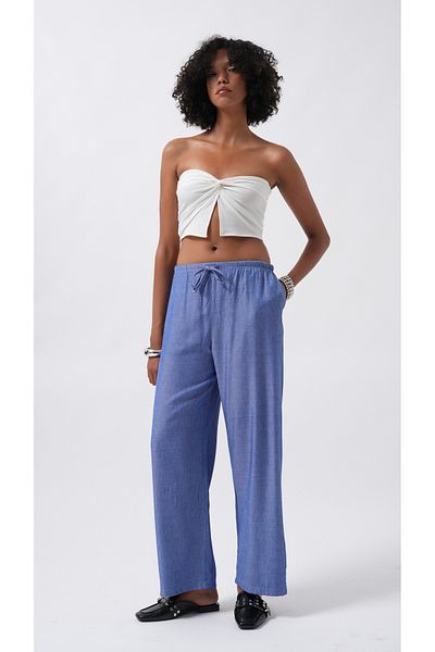 Black Fashion Dark Blue Trousers with Thin Belt and Lace Detail
