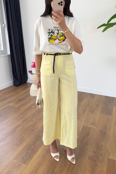 BİRCANÇİL Aleda Yellow Linen Trousers with Front Pocket Detail