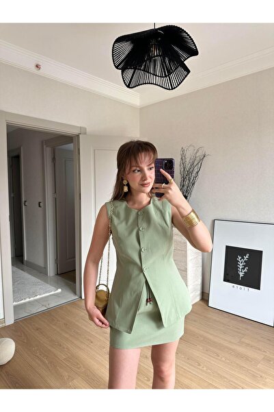 BAŞARAN Button Front Vest and Linen Skirt Set