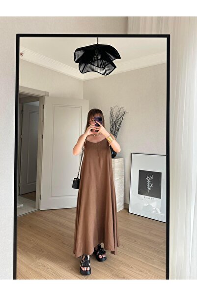 BAŞARAN Thin Strap Long Dress Stone