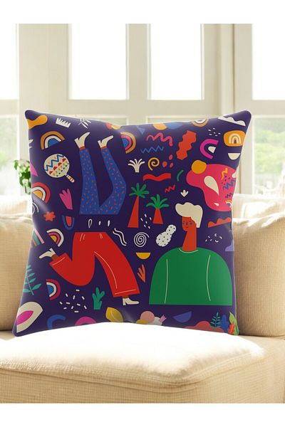 ASDİVA Smr Abstract Human Carnival Pattern Modern Throw Pillow Decorative Cushion Navy Blue Color 43X43