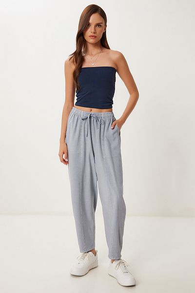 Lovelyİstanbul Striped Comfortable Linen Shalwar Trousers Light Gray Lmx0080