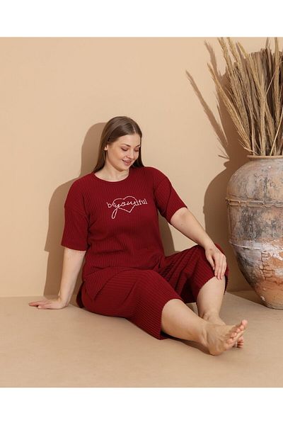 Intisimo Women's Pajamas, Three Quarters, Cotton, Beyoutiful, Large Size, Bordeaux Red - 3xl