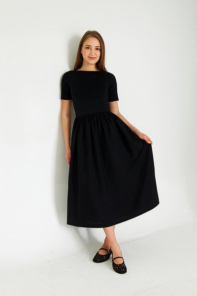 lumuteks Rochie neagră elegantă pentru femei, lungime maxi, elastică, tricotată, cu fustă din poplin, mânecă scurtă