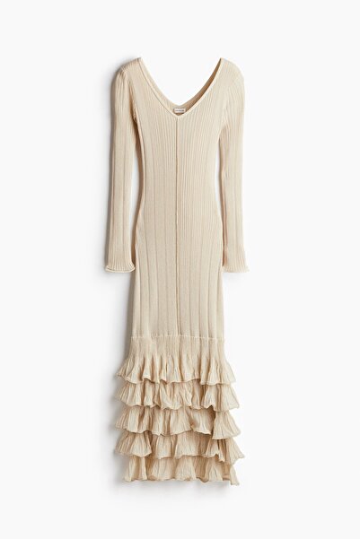 H&M Farbalalı Lastik Örgülü Elbise