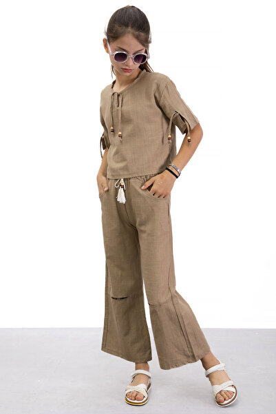 Cansın Mini Coffee Halter T-Shirt Girl's Pants 2 Piece Set 21188