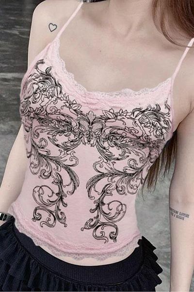 Karakedi Ροζ δαντελένιο λουλούδι Gothic Y2K Strap Crop