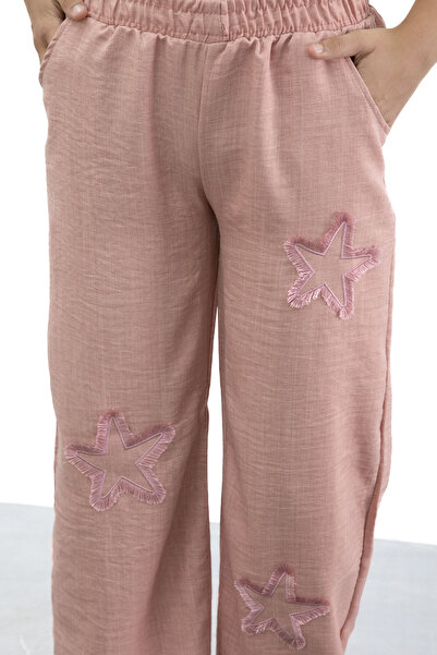 Cansın Mini Somon Yıldız Nakışlı Geniş Paça Rahat Kumaş Kız Çocuk Pantolon 21185