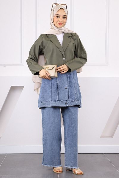 İmajButik Khaki Denim Garnished Jacket Pants Suit
