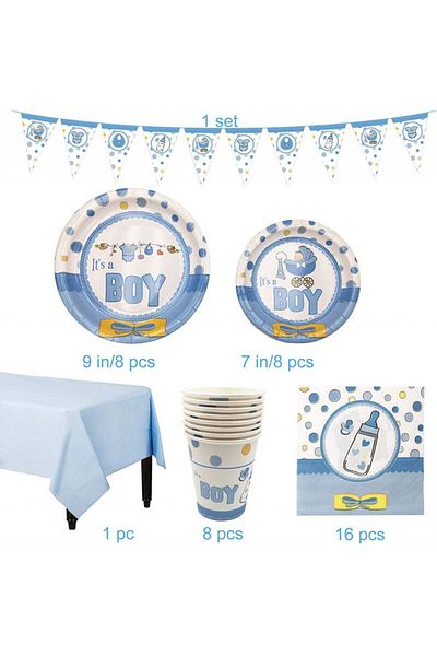 Amycute baptism tableware set, cardboard, white/blue/yellow, 42 pieces