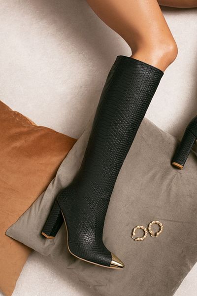 Vanilla Days Cizme Valerie cu toc subtire, piele naturala imprimeu, negre cu accesorii argintii