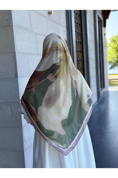 Qalortex Scarf Κασκόλ από βαμβακερό κεχριμπαρένιο σχέδιο-Χακί/Κρεμ