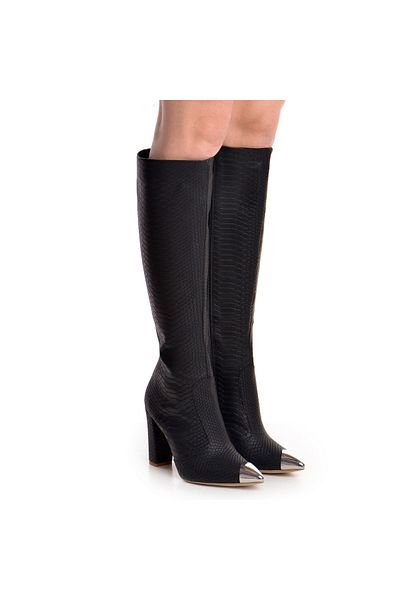 Vanilla Days Cizme Valerie cu toc subtire, piele naturala imprimeu, negre cu accesorii argintii