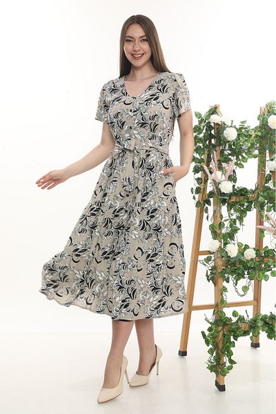 etselements Crew Neck Button Belted Dress 407