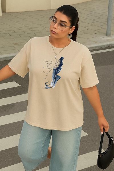 BENROMA 1 T-Shirt Gift for Purchases of 6 or More in Cart - Large Size Blue Feather Printed Unisex T-Shirt