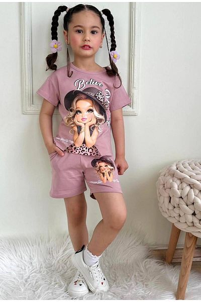 LİLLYPİCCA Girl's Printed Crew Neck Pocket Shorts Set