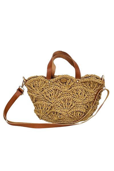Honorius Women's Hand Knitted Handmade Paper Thread Patterned Leather Handle Hand Shoulder Bag Beige