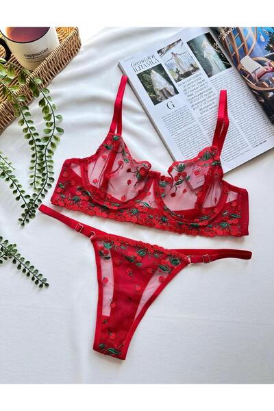 Pretty Kırmızı Kiraz Detaylı Transparan Sütyen Takımı - Fantezi İç Giyim
