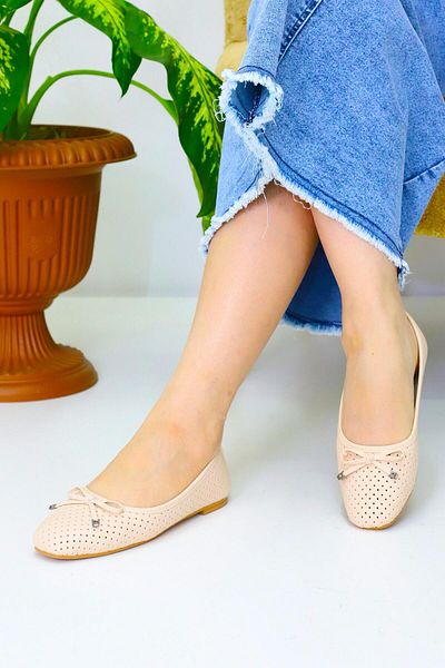 Weynes Women's Beige Dotted Bow Flat Sole Ballerinas Wsb3062