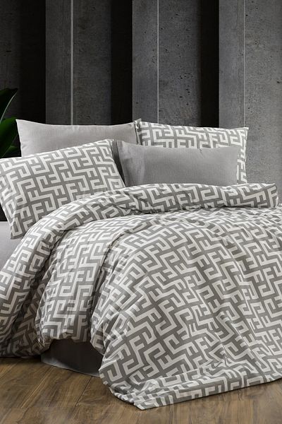 GARDEN ROOM Double Duvet Cover Set with Elastic Sheet Labyrinth Anthracite