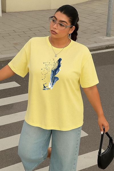 BENROMA 1 T-Shirt Gift for Purchases of 6 or More in Cart - Large Size Blue Feather Printed Unisex T-Shirt