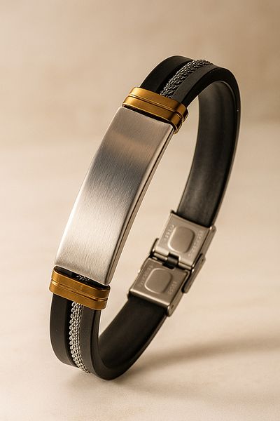 OSMANLI GÜMÜŞ Men's Name Writable Straw Detailed Rubber Steel Bracelet Imprint