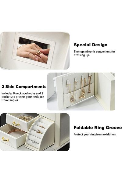 COOYA 3 Layer PU Leather Jewelry Organizer Box with Mirror and Lock,Portable for Earrings Rings Necklace